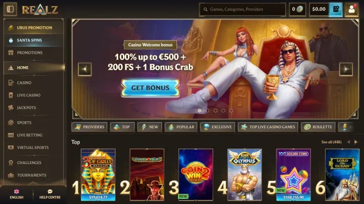 Realz Casino – 100% bis 500€ + 200 Freispiele + Bonus Crab